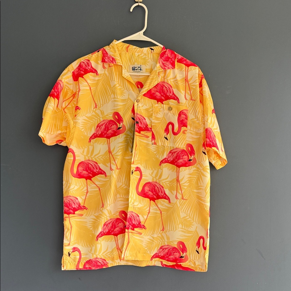 Men's Flamingo Print Casual Button Down Shirt - Yellow and Red